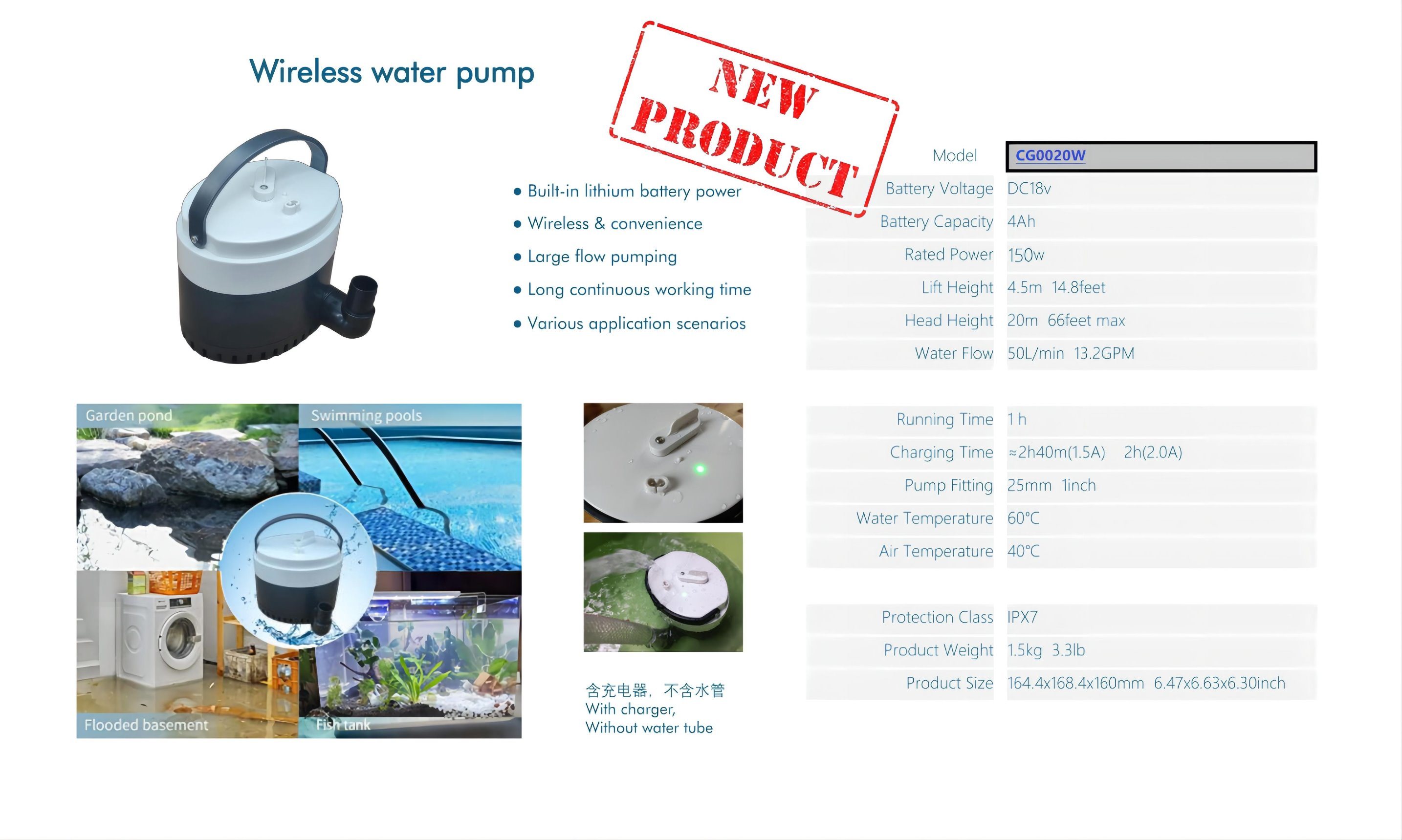 2021-2022 New Design-DC20V Max-Li-ion Battery-Cordless/Electric-Garden Submersible Water Pump-Power Tools
