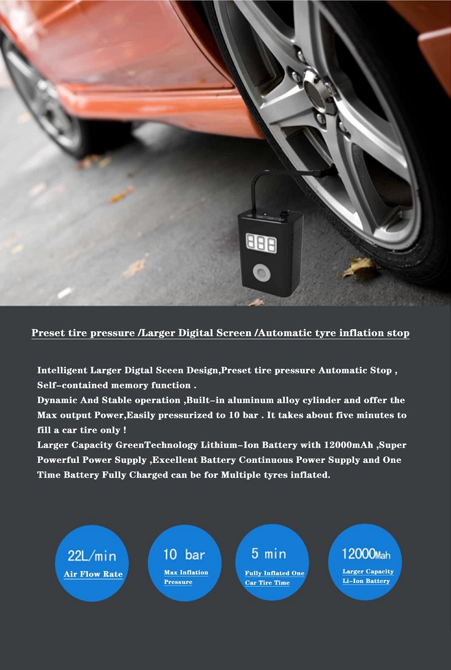 2021-2022 New-Multi Functional-Car Automobile Accessories-Li-ion Battery-Cordless/Electric Air Pump/Compressor Machine-Power Tools