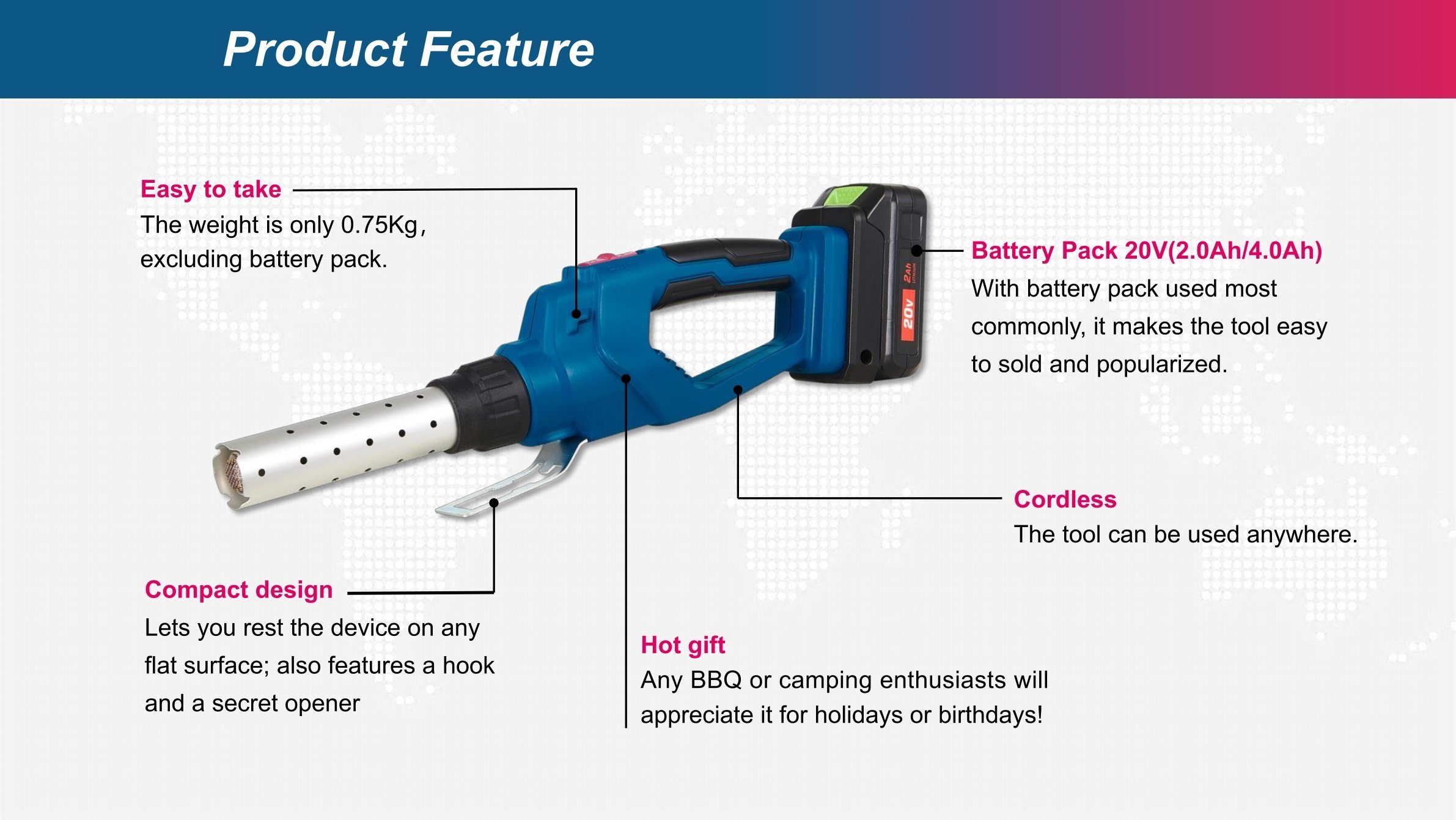 New World First-Powerful DC20V Max-Li-ion Battery-Cordless/Electric-Firing/BBQ/Charcoal-Garden Power-Tool Machines-Fire Starter