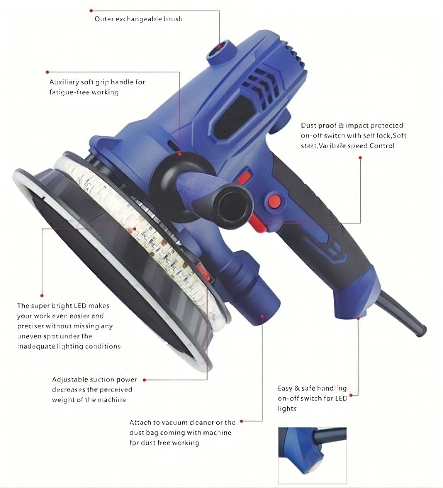 2021 New-7W LED Light-Electric Drywall Sander/Wall Polishing/Polisher Machine-Power Tools